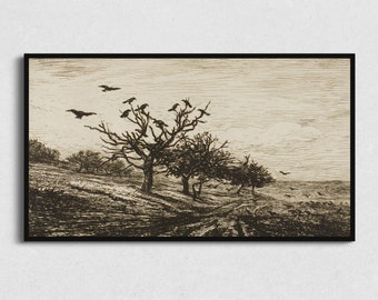 Halloween Samsung Frame TV Art | Crows in the Trees | Digital Vintage Fall Autumn Landscape Moody Nighttime Scary Print Image for Television