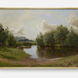 Vintage Landscape Farm Pond Painting, Printable Lake Artwork, Antique Downloadable Oil Painting