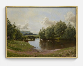 Malarstwo krajobrazowe Vintage Farm Pond, wydrukowalne dzieło sztuki nad jeziorem, antyczny obraz olejny do pobrania