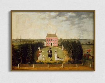 Pink House Vintage Landscape Painting: Surreal Antique Art (Digital Download)