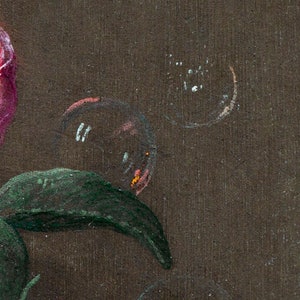 May include: A close-up of a painting featuring a brown butterfly with white spots, a pink rose, and green leaves on a dark brown background.