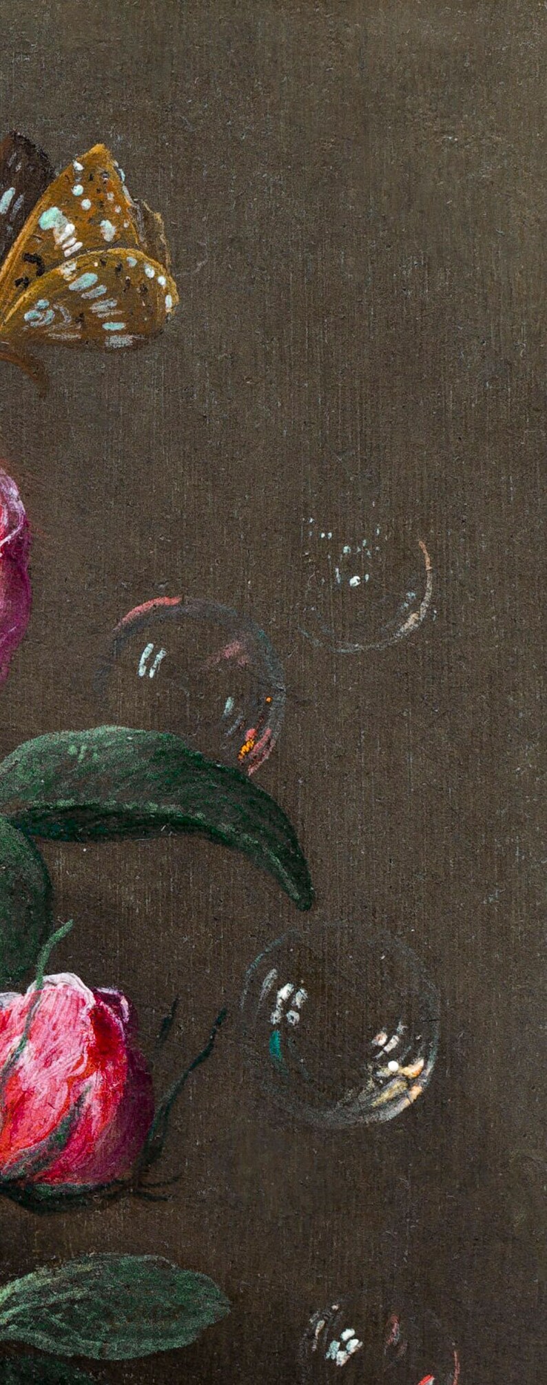 May include: A close-up of a painting featuring a brown butterfly with white spots, a pink rose, and green leaves on a dark brown background.