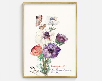 Vintage Flowers Printable Watercolor Painting, Antique Floral Digital Art Download, Flower Sketch Downloadable Artwork