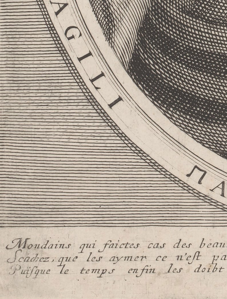 May include: A detailed black and white etching with the word "AGILI" in a circular border. Below, French text is visible. The image features intricate cross-hatching and line work, typical of engraving techniques. The overall theme is historical art.
