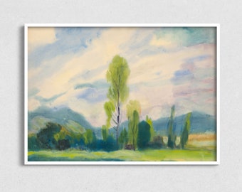 Impresión artística de acuarela de paisaje vintage: Campo pastoral (Descarga digital)