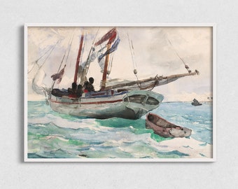 Antique Nautical Printable Art, Watercolor Sailboat Painting Digital Art Download