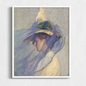 Portrait vintage de femme Art imprimable, femme en voile bleu peinture antique numérique