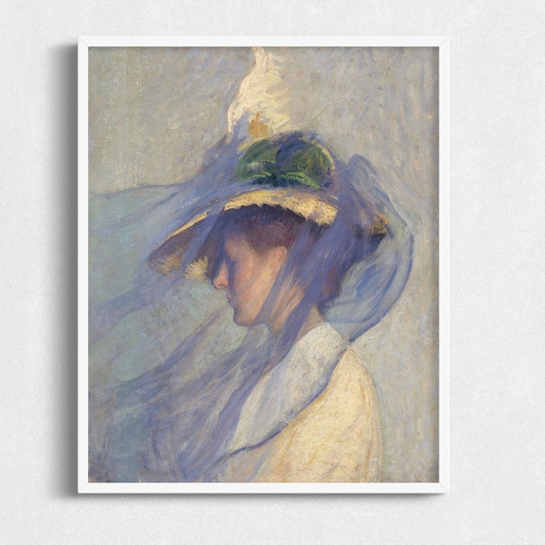 Vintage Portrait of Woman Printable Art, Woman in Blue Veil Digital Antique Painting