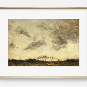May include: A painting of a landscape with a cloudy sky and a sliver of a crescent moon. The sky is a mix of light and dark grays and browns, with hints of pink and yellow. The ground is a dark brown, and there are a few trees in the distance.