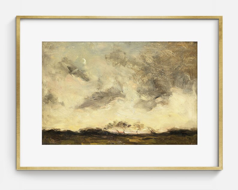 May include: A painting of a landscape with a cloudy sky and a sliver of a crescent moon. The sky is a mix of light and dark grays and browns, with hints of pink and yellow. The ground is a dark brown, and there are a few trees in the distance.