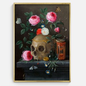 May include: A still life painting featuring a human skull with a gold band around it, surrounded by pink and white roses, butterflies, and a small hourglass. The skull is resting on a dark surface with a green glass bottle and a red and gold hourglass.