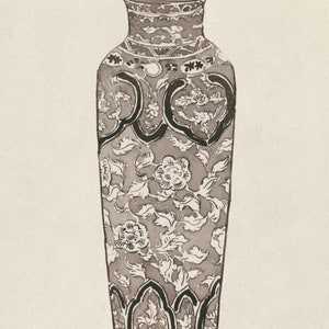 May include: A black and white illustration of a tall, slender vase with a floral pattern. The vase has a narrow neck and a wide base. The floral pattern is intricate and detailed, with leaves and flowers.