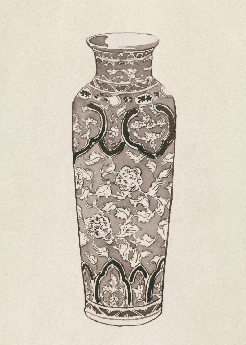 May include: A black and white illustration of a tall, slender vase with a floral pattern. The vase has a narrow neck and a wide base. The floral pattern is intricate and detailed, with leaves and flowers.