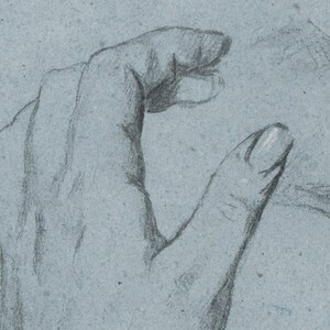 May include: A close-up of a hand drawn in pencil on textured paper. The hand is shown in a gesture of holding or pointing.