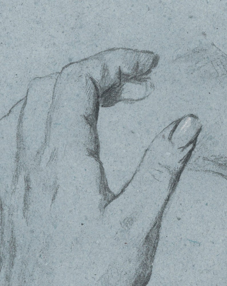 May include: A close-up of a hand drawn in pencil on textured paper. The hand is shown in a gesture of holding or pointing.