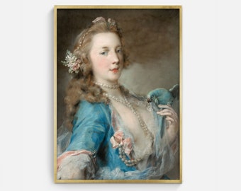 Victorian Portrait Printable Art, Woman with Bird Antique Oil Painting Digital Art Download