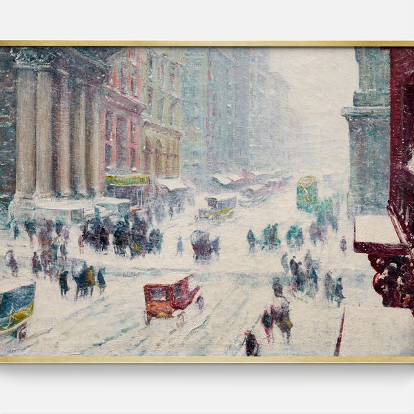 Fifth Avenue in the Snow | Vintage Holiday in New York City Painting, Printable Antique Winter Art, Downloadable Vintage NYC Oil Painting