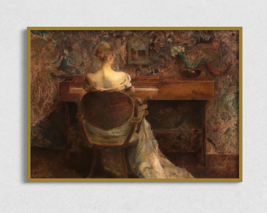 Vintage Print Playing Piano, Woman at Harpsichord Oil Painting Download ...