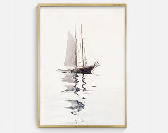 Vintage Sailboat Watercolor Painting: Minimalist Nautical Art (Digital Download)