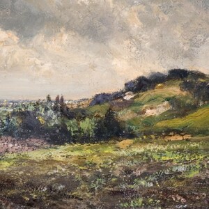 May include: A painting depicting a rural landscape with rolling hills, green fields, and a cloudy sky. The scene is painted in a realistic style with a focus on the natural beauty of the countryside.