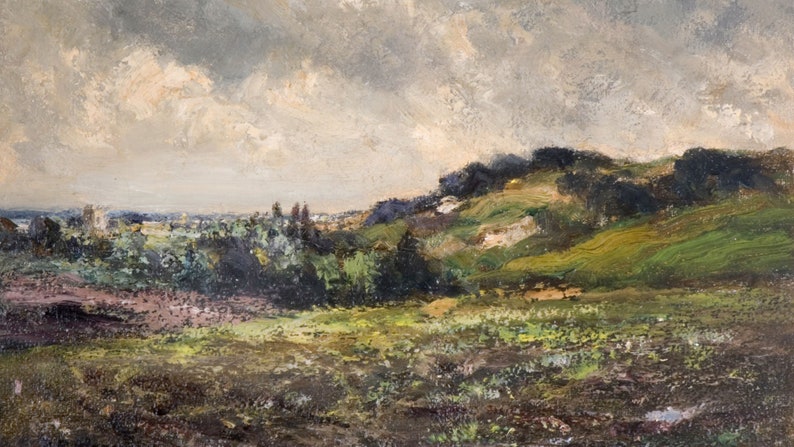 May include: A painting depicting a rural landscape with rolling hills, green fields, and a cloudy sky. The scene is painted in a realistic style with a focus on the natural beauty of the countryside.
