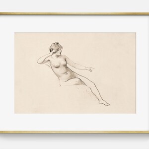 Pu&ograve; includere: Un disegno a matita in bianco e nero di una donna nuda seduta con un braccio appoggiato alla testa e l'altro braccio teso.