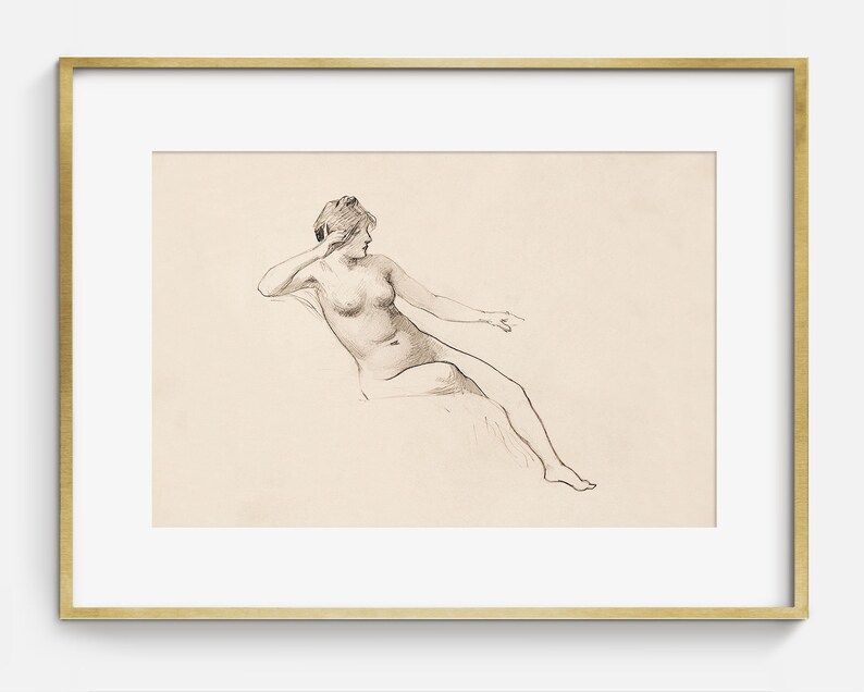 Pu&ograve; includere: Un disegno a matita in bianco e nero di una donna nuda seduta con un braccio appoggiato alla testa e l'altro braccio teso.