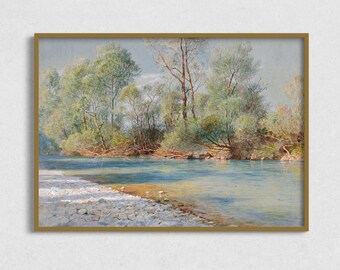 Vintage Landscape Printable, Digital Download Antique Painting, Vintage River Art Prints