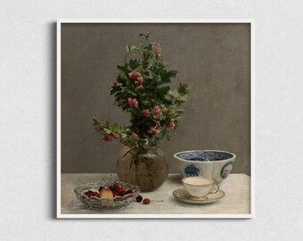 Square Still Life Art Print, Printable Still Life with Cherries, Vintage Fruit Oil Painting