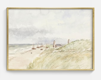 Vintage Beach Watercolor Painting: Antique Nautical Art Print (Digital Download)