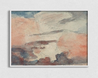 May include: Abstract watercolor painting with shades of pink, blue, and brown. The painting depicts a cloudy sky with hints of a landscape below.