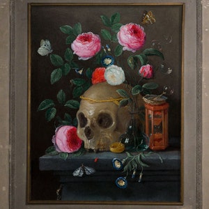 May include: A still life painting featuring a human skull adorned with a gold crown, surrounded by pink roses, blue and white flowers, and butterflies. An hourglass and a glass bottle are also included in the composition.