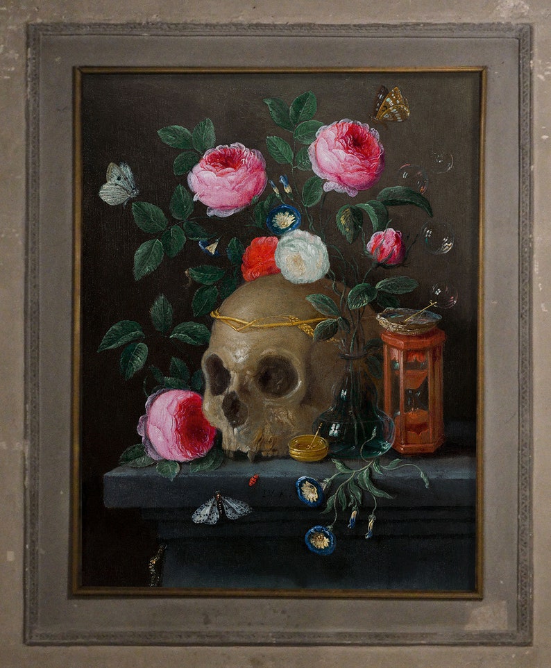May include: A still life painting featuring a human skull adorned with a gold crown, surrounded by pink roses, blue and white flowers, and butterflies. An hourglass and a glass bottle are also included in the composition.