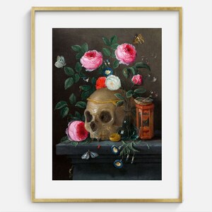 May include: A still life painting featuring a human skull with a gold band around it, surrounded by pink and white roses, a small glass bottle, and a red and gold box. The painting is set against a dark brown background.
