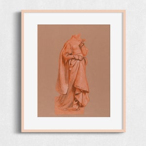 K&ouml;nnte beinhalten: Eine Zeichnung einer kopflosen Figur in einem langen, flie&szlig;enden Gewand, die eine Blume in einer Hand h&auml;lt. Die Figur ist in Orange- und Braunt&ouml;nen auf einem hellbraunen Hintergrund gezeichnet.