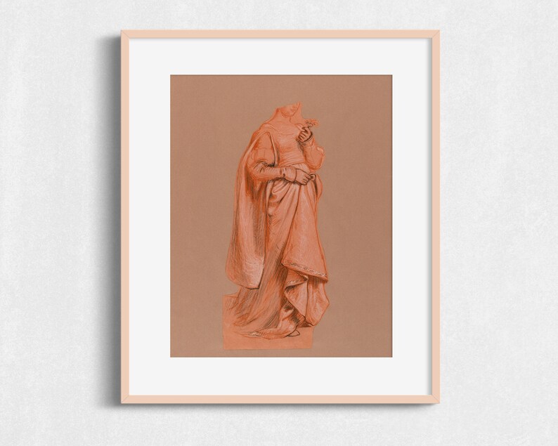 K&ouml;nnte beinhalten: Eine Zeichnung einer kopflosen Figur in einem langen, flie&szlig;enden Gewand, die eine Blume in einer Hand h&auml;lt. Die Figur ist in Orange- und Braunt&ouml;nen auf einem hellbraunen Hintergrund gezeichnet.