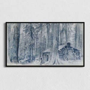 Holiday Samsung Frame TV Art | Christmas Cottage Sketch | Digital Vintage Winter Cabin the Snow Drawing Holiday Print Image for Television