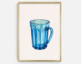 Vintage Printable Blue Colored Drinking Glass Drawing, Antique Object Sketch Digital Art Download