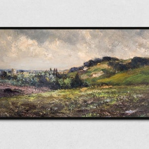 May include: A painting depicting a landscape with rolling hills, green fields, and a cloudy sky. The scene is painted in a realistic style with a focus on the natural beauty of the countryside.