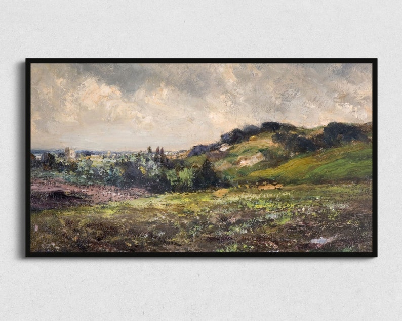 May include: A painting depicting a landscape with rolling hills, green fields, and a cloudy sky. The scene is painted in a realistic style with a focus on the natural beauty of the countryside.