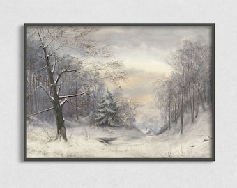 Vintage Winter Landscape Art: Snow Cottage Painting (Digital Download)