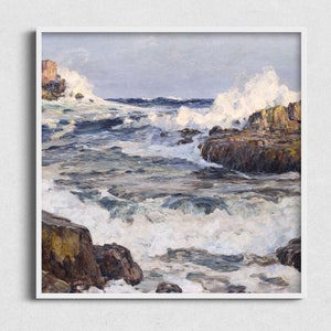 May include: A painting of a rocky coastline with crashing waves. The water is a mix of blue, white, and gray, and the rocks are brown and gray. The sky is a light blue.
