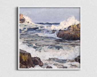 Puede incluir: Pintura al óleo enmarcada que representa un paisaje marino con olas rompiendo contra acantilados rocosos. La obra utiliza azules, blancos y marrones para capturar el movimiento del océano. La pintura se exhibe en un marco blanco.
