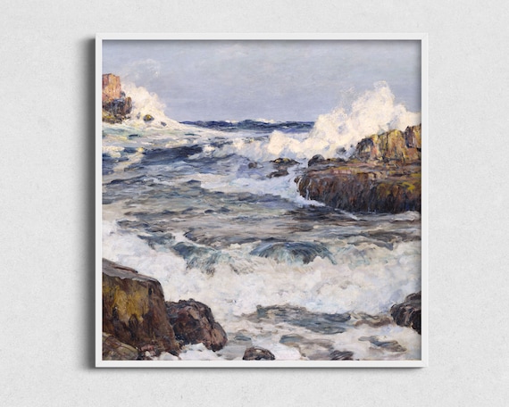Vintage Seascape Painting: New England Beach Waves Art (Digital Download)
