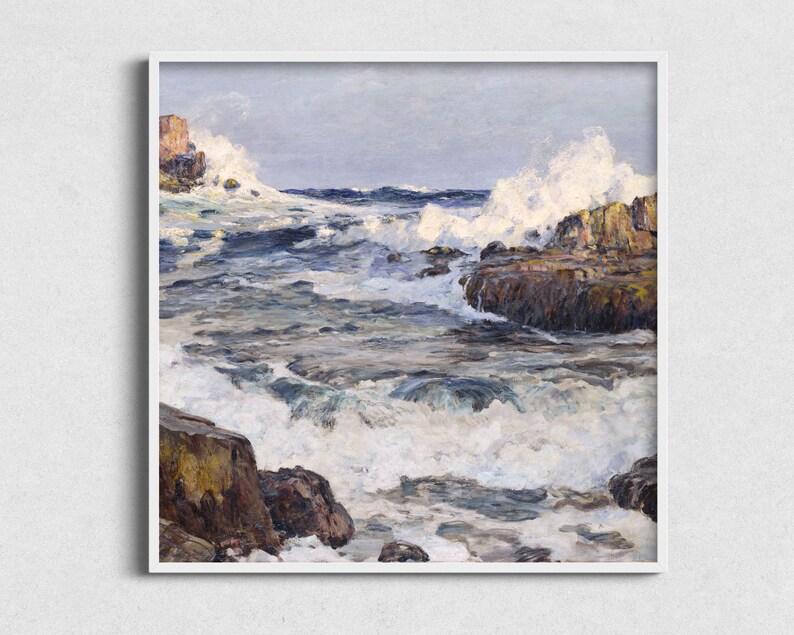 May include: A painting of a rocky coastline with crashing waves. The water is a mix of blue, white, and gray, and the rocks are brown and gray. The sky is a light blue.
