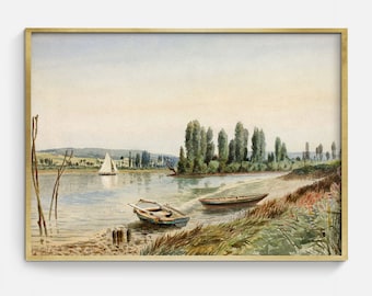 Vintage Nautische Boot Landschaft Gemälde Download, druckbare antike Sommer Landschaft Wandkunst