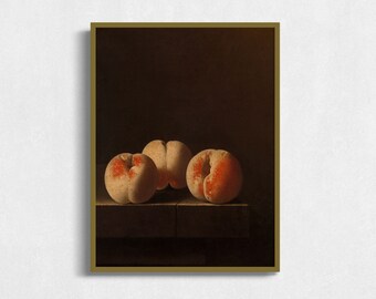 May include: Three peaches, two with a reddish blush, are arranged on a wooden surface against a dark background. The peaches are slightly overlapping, creating a still life composition.