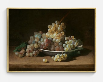 Vintage Fruit Still Life Oil Painting Print, Downloadable Moody Still Life, Printable Kitchen Wall Art