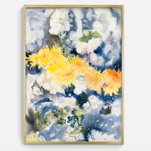 Vintage Floral Watercolor Printable Painting, Yellow Flower Digital Download Art Print, Downloadable Floral Art