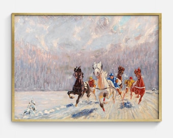 Winter Horse Race | Vintage Holiday Landscape Artwork, Christmas Digital Download, Printable Equestrian Antique Art